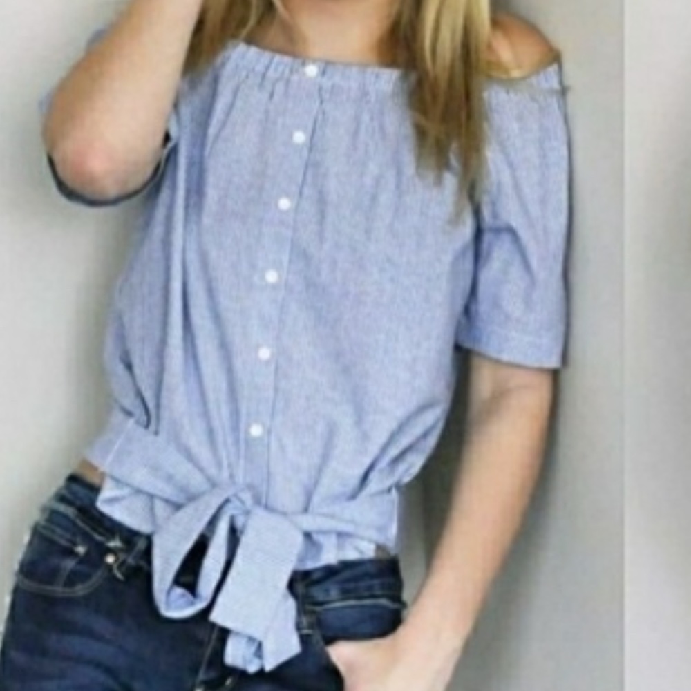 New Cold Shoulder Top Tie Front Cropped Blue White Button Size Medium